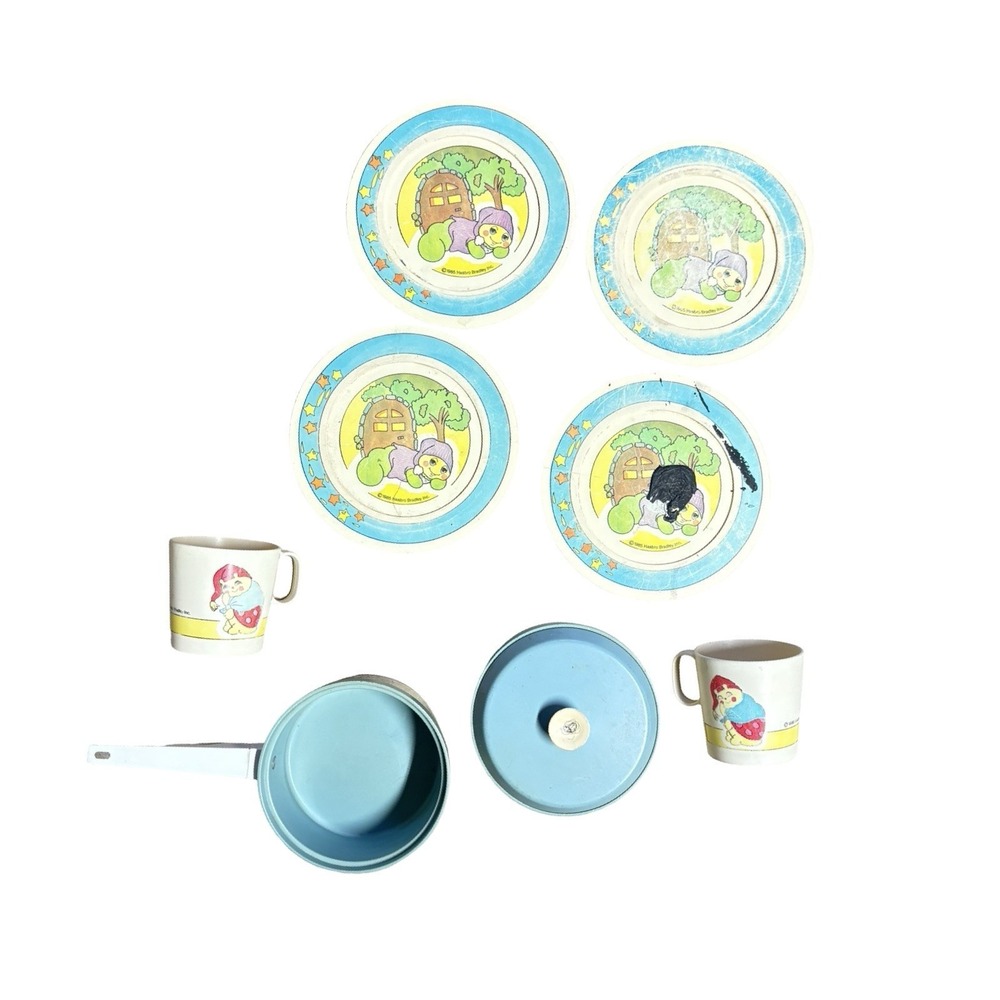 VTG Glo Friends Glo Worm 1985 Kitchen Tea Party Plates Cups Pot Chilton Toys Set